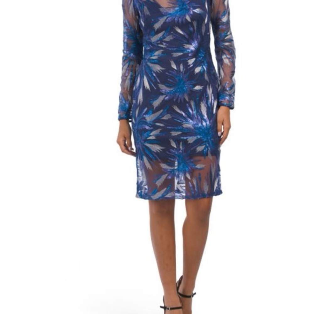 TADASHI SHOJI Marina Blue Carmella Metallic Embroidered Mini Dress